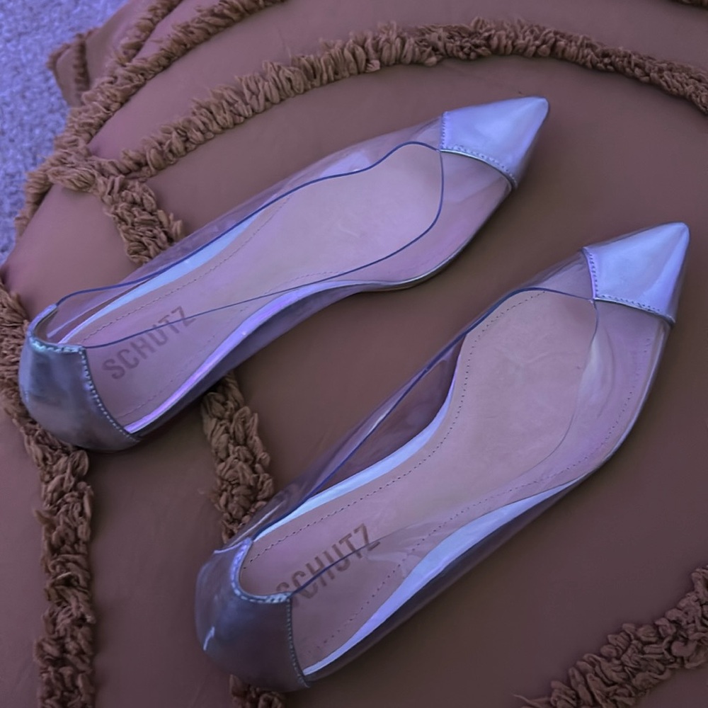 Schutz Clearly Ballet Flats Clear Silver Leather Pointed Toe | Size 8